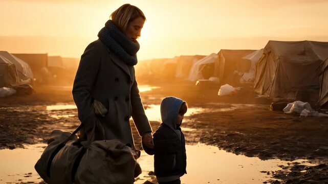 Mother walks with child through refugee camp at sunset. Woman holds child hand near camp tents. Mother and child carry bags at refugee sunset. Walking through camp with child at golden hour.