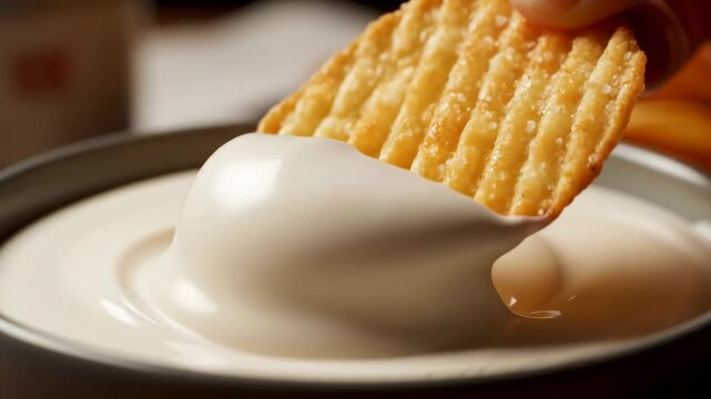 Crispy Delight: A textured cracker elegantly dips into a creamy, smooth sauce, showcasing the satisfying interplay of textures and flavors.
