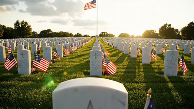 P42-Headstones and flags marking solemn military cemetery remembrance. 4K 10s