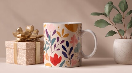 Floral mug and gift box on table