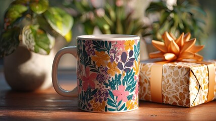 Floral mug and gift box on wooden table