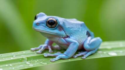 Obraz premium Cute azure blue frog looking at side on green grass. Small cartoon amphibian in miniature environment for children book.