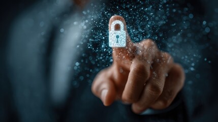 Businessman engages with digital lock icon for internet security and privacy protection while showcasing data safeguarding concepts in a modern office setting