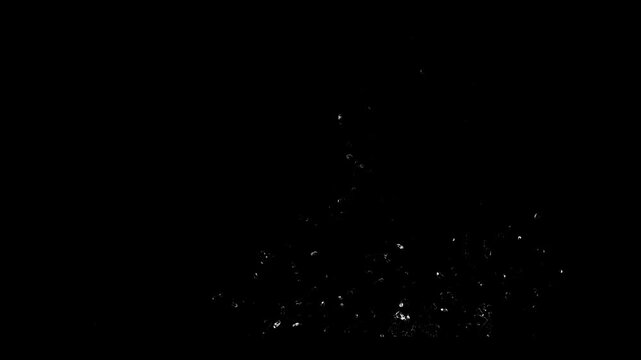 Realistic water splash burst on black background, high detail liquid particles with dramatic motion, perfect for cinematic transitions and effects