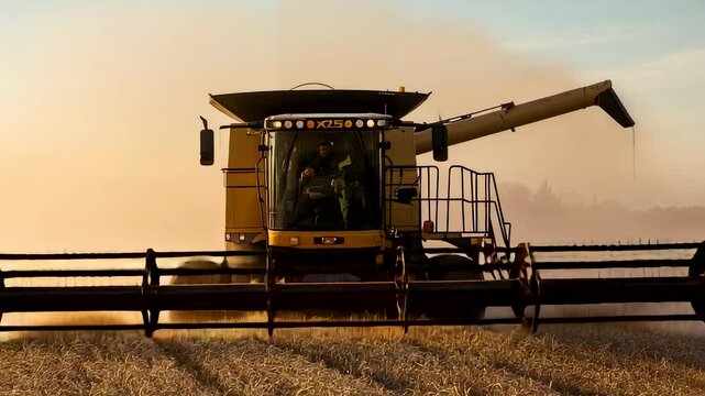 Combine harvester working in golden crop field at sunset during harvest season showing large agricultural machinery and rural food production