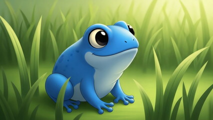 Fototapeta premium Cute azure blue frog looking at side on green grass. Small cartoon amphibian in miniature environment for children book.