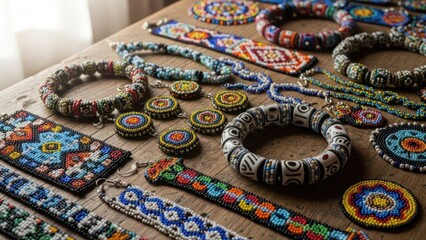 Fototapeta premium Close-up shot of various colorful beaded jewelry on a wooden table with natural light.