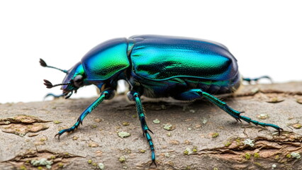 A close up of an iridescent blue-green beetle crawling horizontally on a textured tree branch, isolated on white background for wildlife and insect studies.