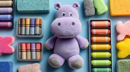 Purple hippo toy and art supplies on blue background