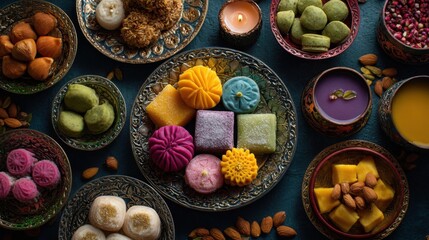 Vibrant colorful assortment of traditional Indian sweets