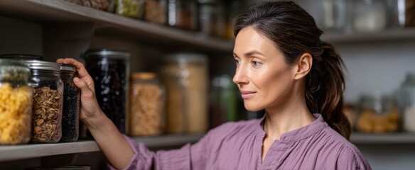 lady sorting jars and bins on tidy pantry shelves