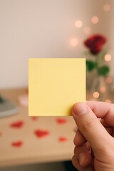 Obraz premium Secret admirer holding red rose and blank yellow sticky note for Valentine's Day surprise in office