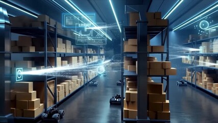 Ultra-realistic futuristic warehouse, long aisle shelves stacked boxes, digital holographic overlays showing inventory data, autonomous robots pallets, glowing connectivity lines linking items virtual - Powered by Adobe