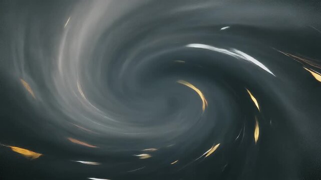 A captivating abstract swirl of dark tones with luminous golden and silver streaks, creating a dynamic and mysterious vortex of energy and motion, perfect for backgrounds or design elements