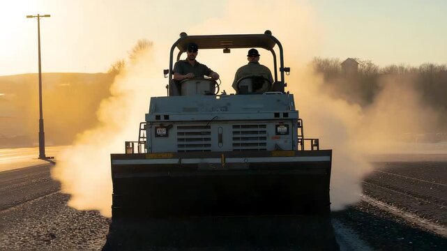 Road roller compacting fresh asphalt on highway construction site at sunrise showing heavy machinery operation and large scale infrastructure work