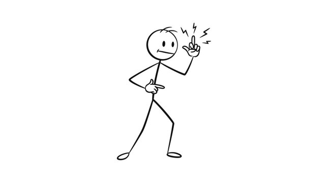 Stick Figure Character Pointing Finger Up with an Idea or Warning Sign on Isolated White Background