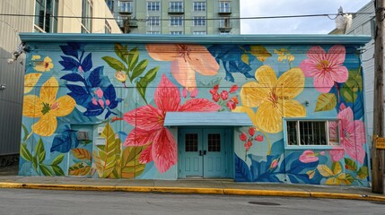 Vibrant floral mural on building exterior
