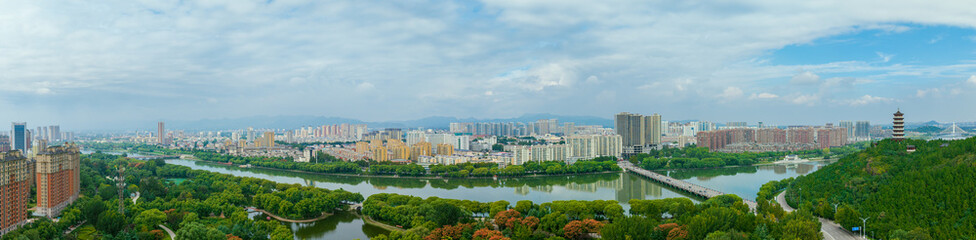 China Linqu urban architecture and river landscape