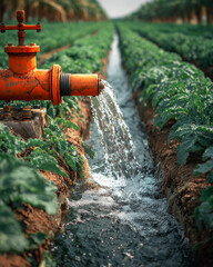 Fototapeta premium Water Flowing from Irrigation Pipe Valve into Agricultural Field