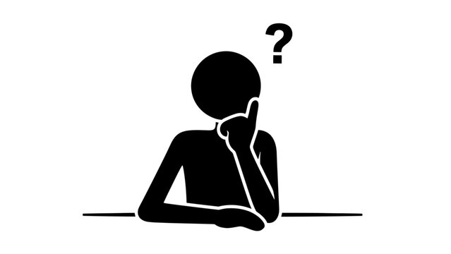 Thoughtful stick figure man sitting at a table, pondering with a question mark above his head on an isolated white background.