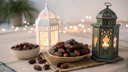 Traditional Ramadan table setting with a bowl of dates and an illuminated lantern for Iftar celebration in a peaceful home setting. AI generated