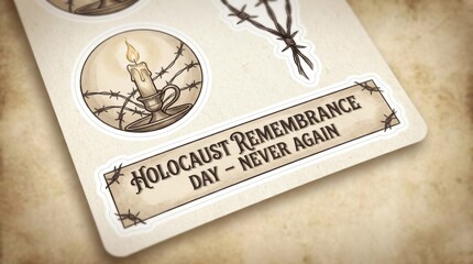 Fototapeta premium illustrated template for holocaust remembrance day showcases an ornate sticker set featuring a solitary candle and subtle barbed wire on a softly vignetted neutral backdrop
