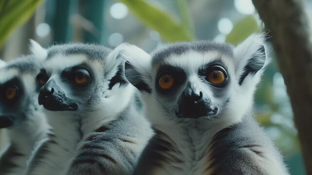 Lemurs gather together, looking around in a rainforest setting while sunlight filters through the trees in the morning