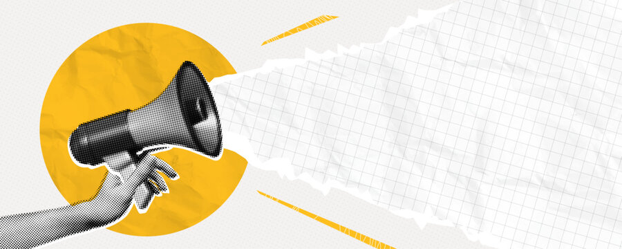 Trendy Halftone Collage Hand holding Megaphone and torn paper edge. Promotion banner with space for your design. Social media announcing and marketing. Contemporary vector illustration art