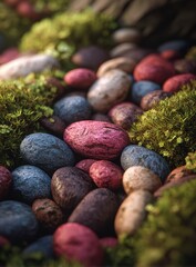 Vibrant Polished Multicolored Pebbles Nestled in Lush Green Moss, Dappled Light.