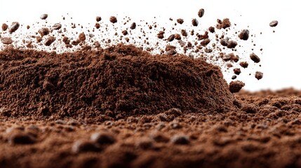Falling soil creates a realistic effect as it drops in an isolated setting on a white background captured in high quality
