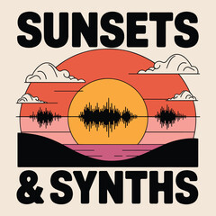 Sunsets and Synths Landscape Sound Wave Electronic Music T Shirt Design