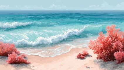Peaceful beach scene with waves and coral