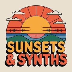 Sunsets and Synths Retro Mountain Landscape Music Wave T Shirt Design