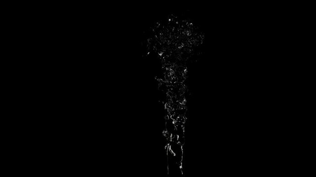 Dark water splash animation with fine droplets and dramatic fluid motion isolated on black background, perfect for cinematic effects, overlays, and motion graphics