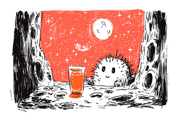 Cactus Character Enjoying a Drink at Sunset