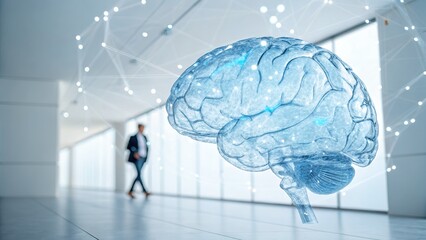 Abstract digital human brain made of glowing light connections representing cloud computing and advanced artificial intelligence. AI generated