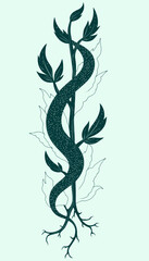 Fototapeta premium Artistic illustration of a stylized plant featuring intertwining stems with lush leaves and intricate line details set against a simple background