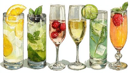 Hand-drawn illustrations of cocktails and champagne for party design and celebration themes featuring various drinks and garnishes