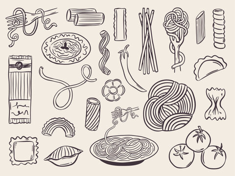 Whimsical hand drawn set of pasta illustrations in Italian style. Cute doodle food icons featuring spaghetti, penne, and ravioli &mdash; perfect for menus, posters, and Mediterranean design.