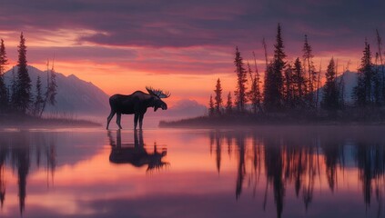 Moose by a calm lake at sunrise
