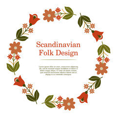 Floral Wreath Frame in Folk Scandinavian Style. Vector Folkloric motifs - flowers, leaves.