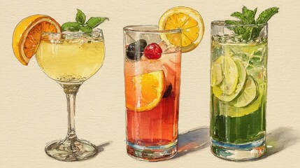 Hand-drawn illustrations of cocktails and champagne for party design and celebration themes featuring various drinks and garnishes