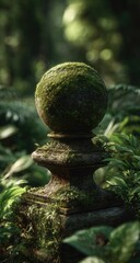 A mossy sphere atop a weathered post in a lush forest