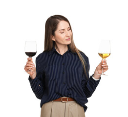 Professional sommelier with glasses of wine on white background