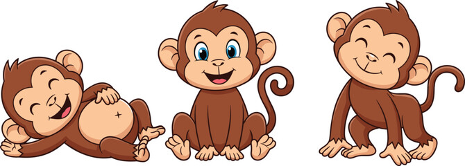 Cute baby monkey cartoon characters set, playful smiling jungle animals, funny poses, kids friendly design, colorful flat vector illustration © Fajle