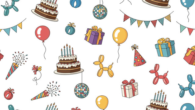 A fun and festive seamless birthday party pattern with hand-drawn cakes, gifts, balloons, and decorations on a white background.