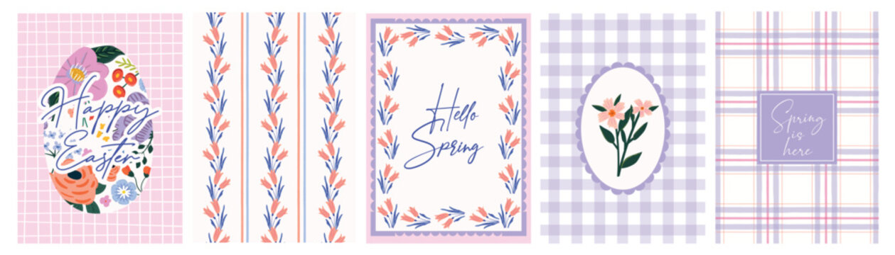 Soft pastel spring and Easter floral poster set featuring tulip stripe patterns, gingham checks, quotes, and greetings. Ideal for cards, prints, kids&rsquo; decor, spring celebrations, Easter invites.