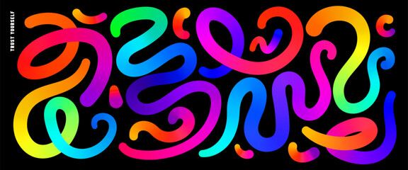 Color lines vector background set. Abstract colorful liquid gradient lines on black backdrop. Modern art pattern, energy, vibrant design, party, and inspiration