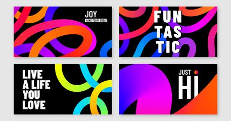 Color lines vector banner background set. Abstract design with colorful liquid gradient lines and motivational fun typography on black backdrop. Modern art pattern, energy, vibrant and inspiration