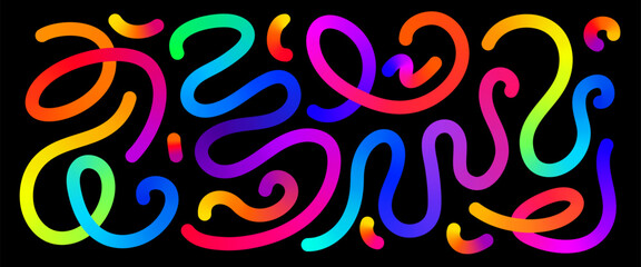 Color lines vector background set. Abstract colorful liquid gradient lines on black backdrop. Modern art pattern, energy, vibrant design, party, and inspiration